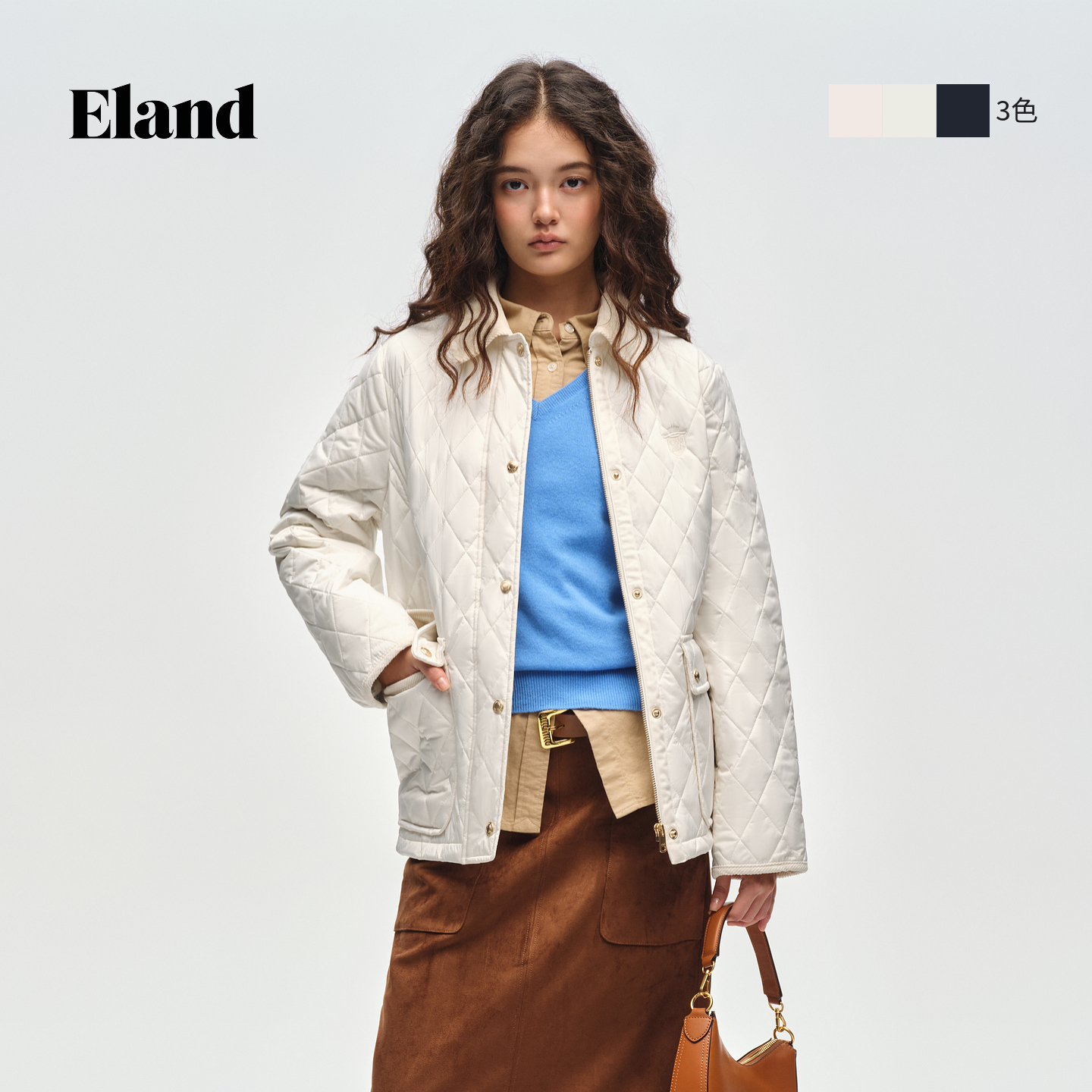 Eland衣恋棉衣女菱格翻领通勤小香风外套保暖棉服外套EEJPG11E01