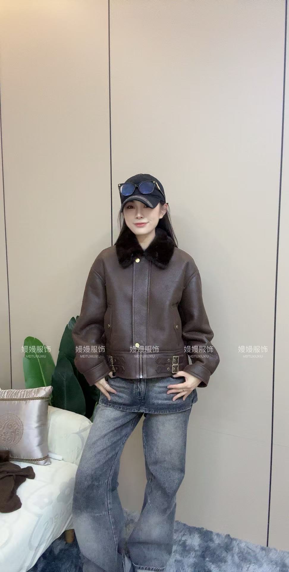 【MM推荐】水貂毛领真皮绵羊皮皮毛一体女款美利奴皮草外套