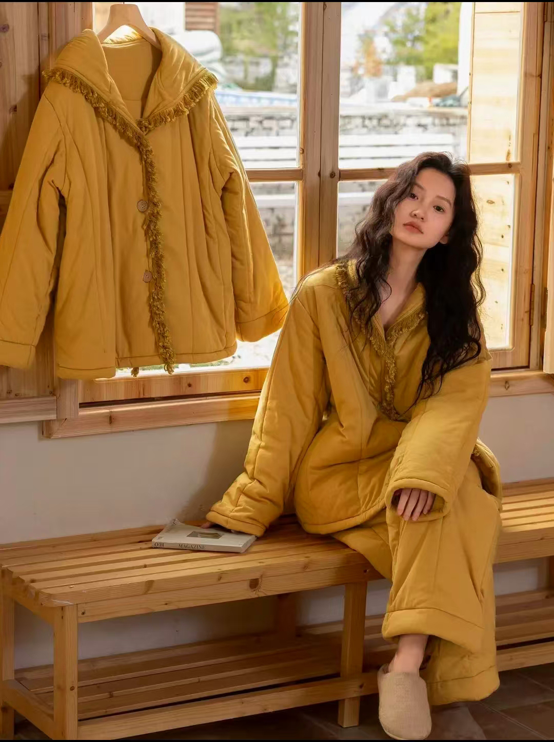 三层加厚纯棉夹棉袄睡衣女士冬季新款保暖加绒大码家居服连帽套装