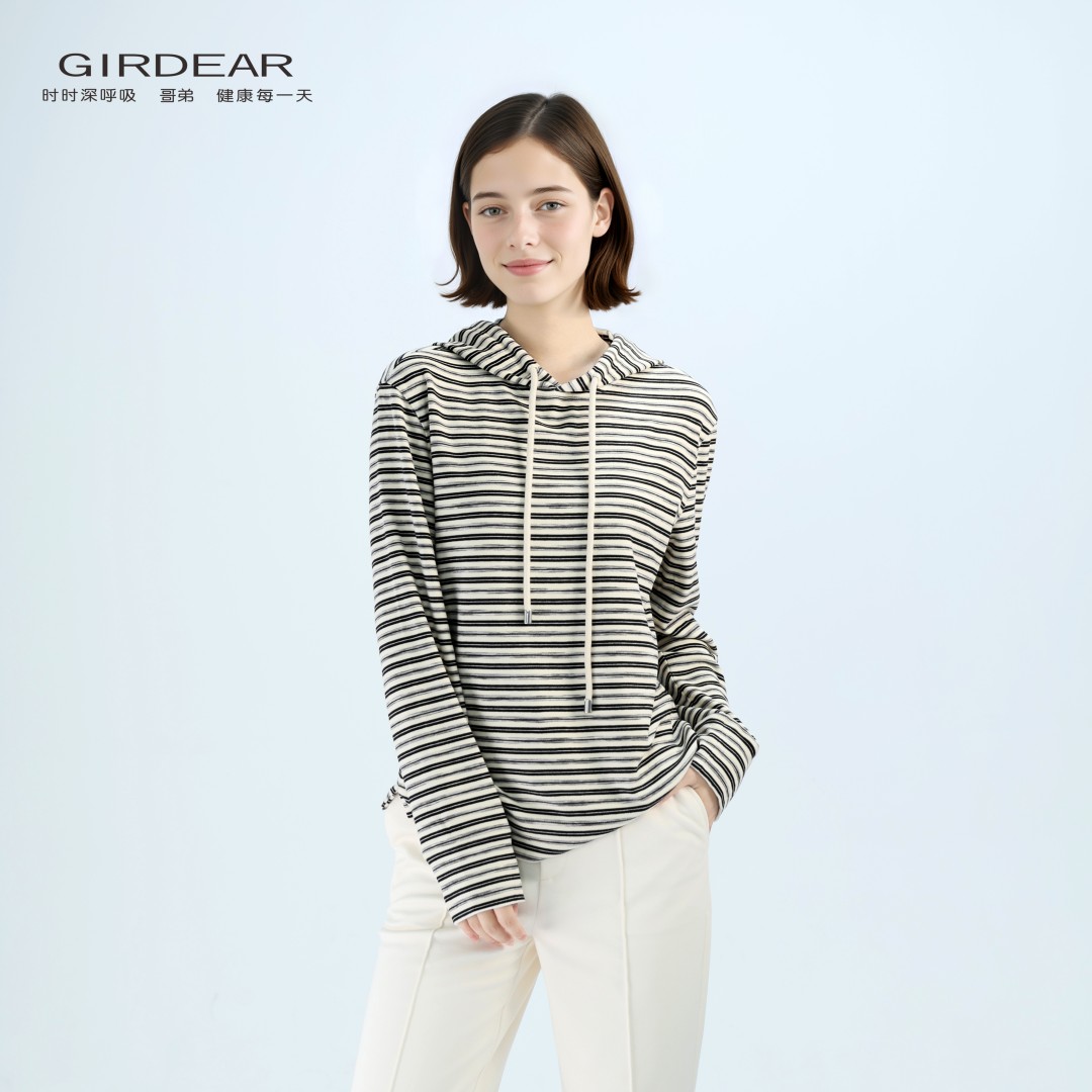 GIRDEAR/哥弟秋季新款女装时尚休闲百搭条纹连帽长袖卫衣1300918