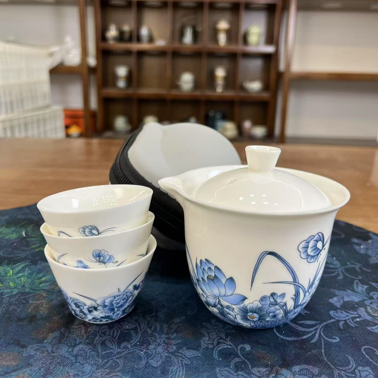 A060篱缘居旅行茶具羊脂玉瓷蝶恋花一壶3杯带包