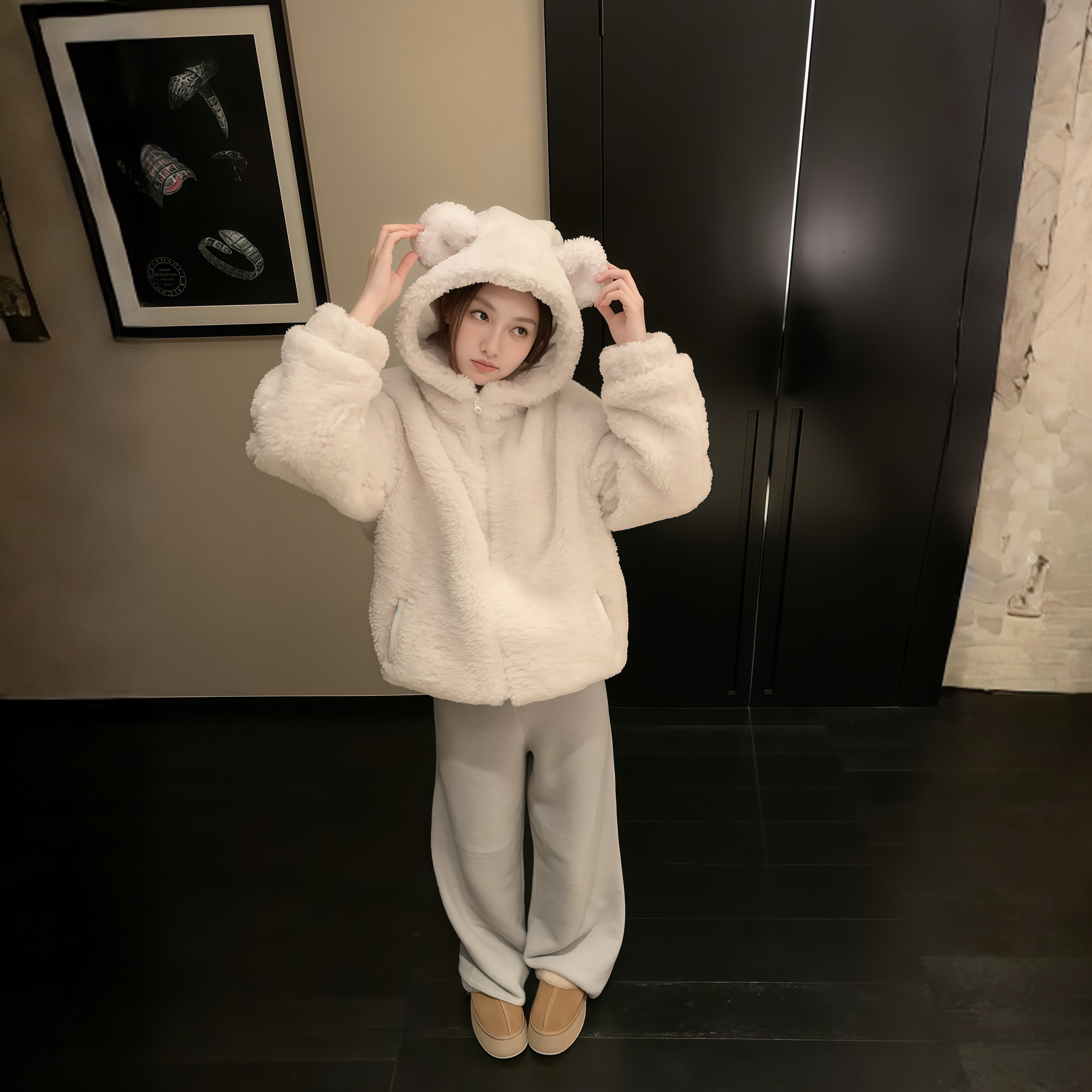 森檬Lemon 巨好看黄油小熊耳朵毛茸茸连帽外套加厚保暖休闲可爱