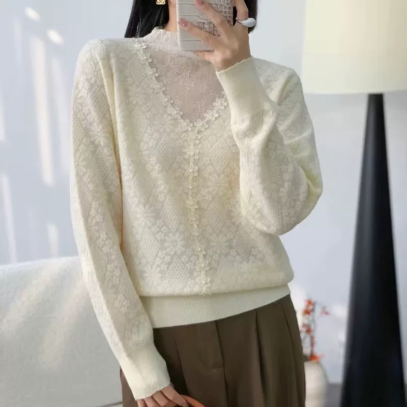 【美神】法式甜美花朵长袖针织打底衫秋冬毛衣女套头时尚百搭FA10