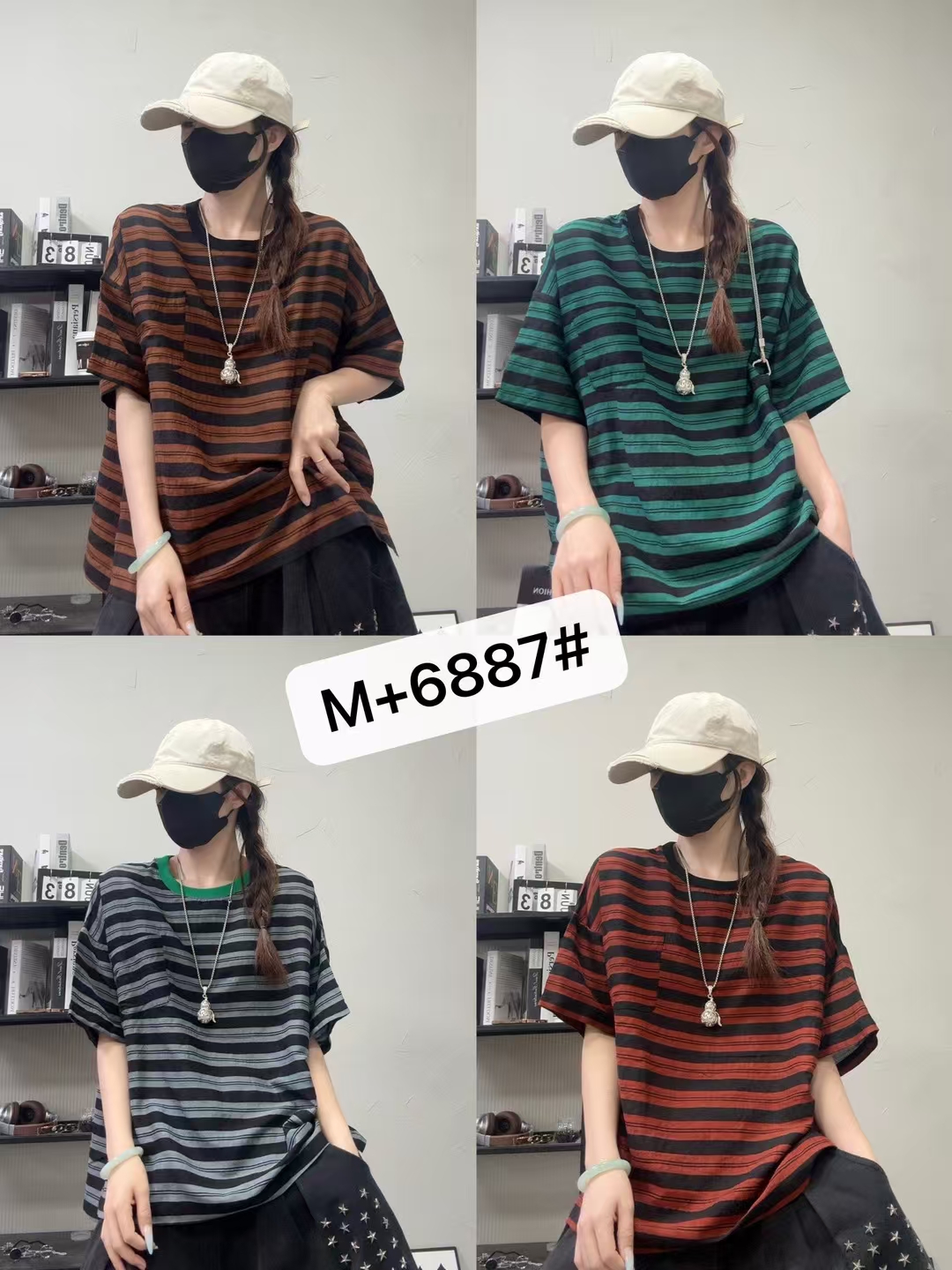 6887夏季新款宽松休闲百搭条纹麻料开叉T恤