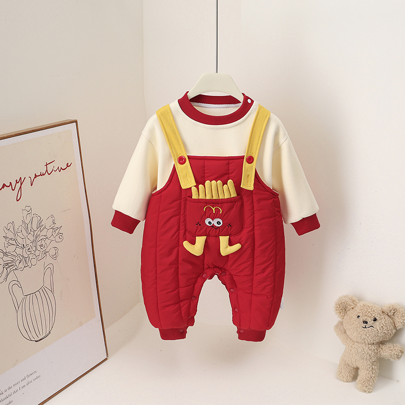 冬季卡通红薯条棉背带裤套转女童套装男童婴儿外穿保暖