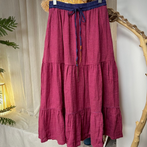 高定原创设计文艺复古手工艺方格粗麻亚麻色织多层鱼尾半身裙 