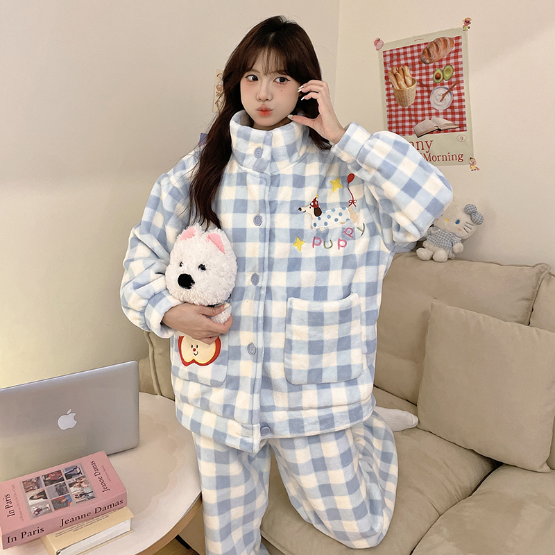 可爱苹果派小狗珊瑚绒睡衣女秋冬季加厚加绒保暖家居服套装可外穿