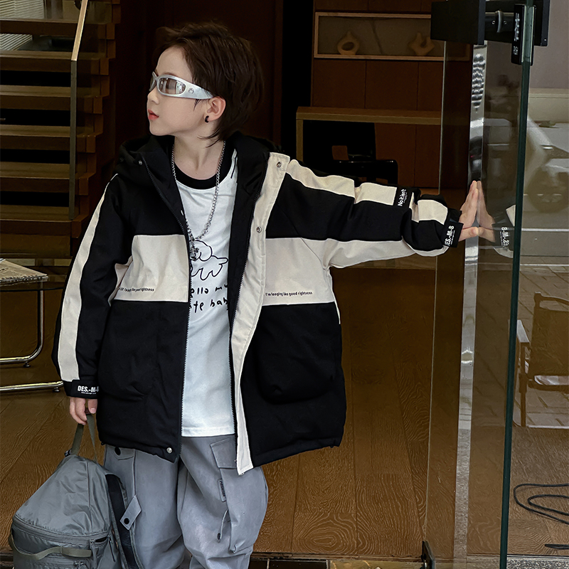 儿童拼色冲锋衣羽绒服加厚2025冬季新款男女童连帽外套韩版潮流