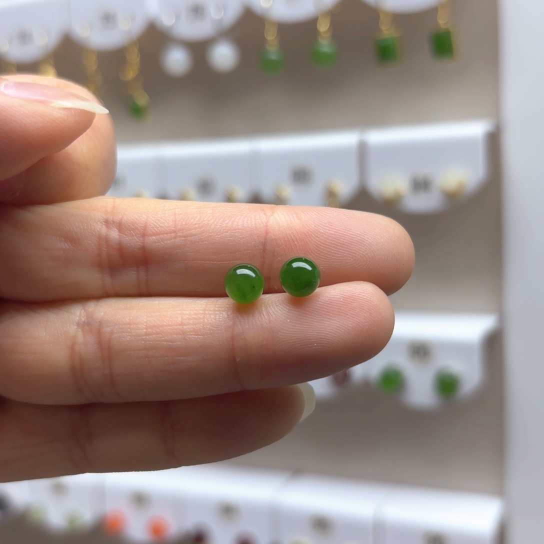 和田玉耳饰银S925镶嵌6mm 