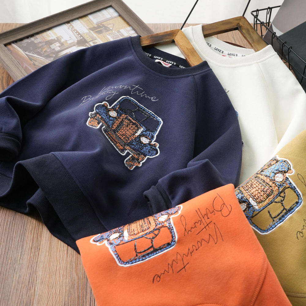 男童帅气秋季款小汽车刺绣圆领卫衣中大童百搭上衣S1101