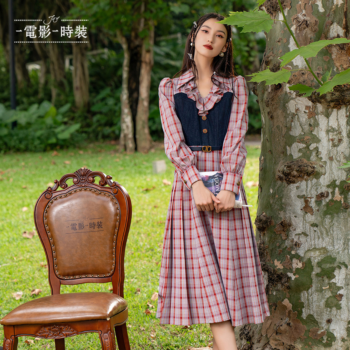 【蜜思仝】一电影一时装年复古红色格纹拼接连衣裙FFNL113410