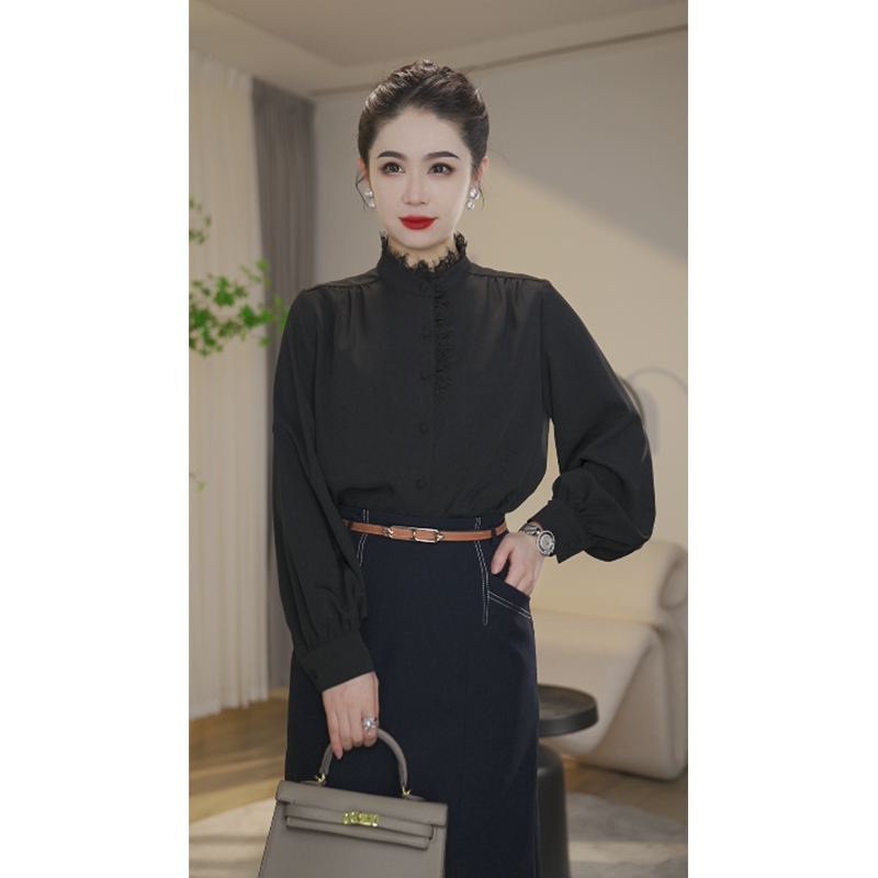 【曼曼甄选】欧若风2025意墨云烟8591336黑色衬衫女士法式气质高贵