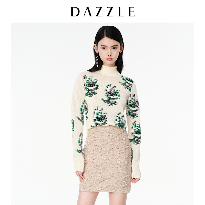 【MD】DAZZLE地素白色针织提花高领套头毛衣2D4E4036B