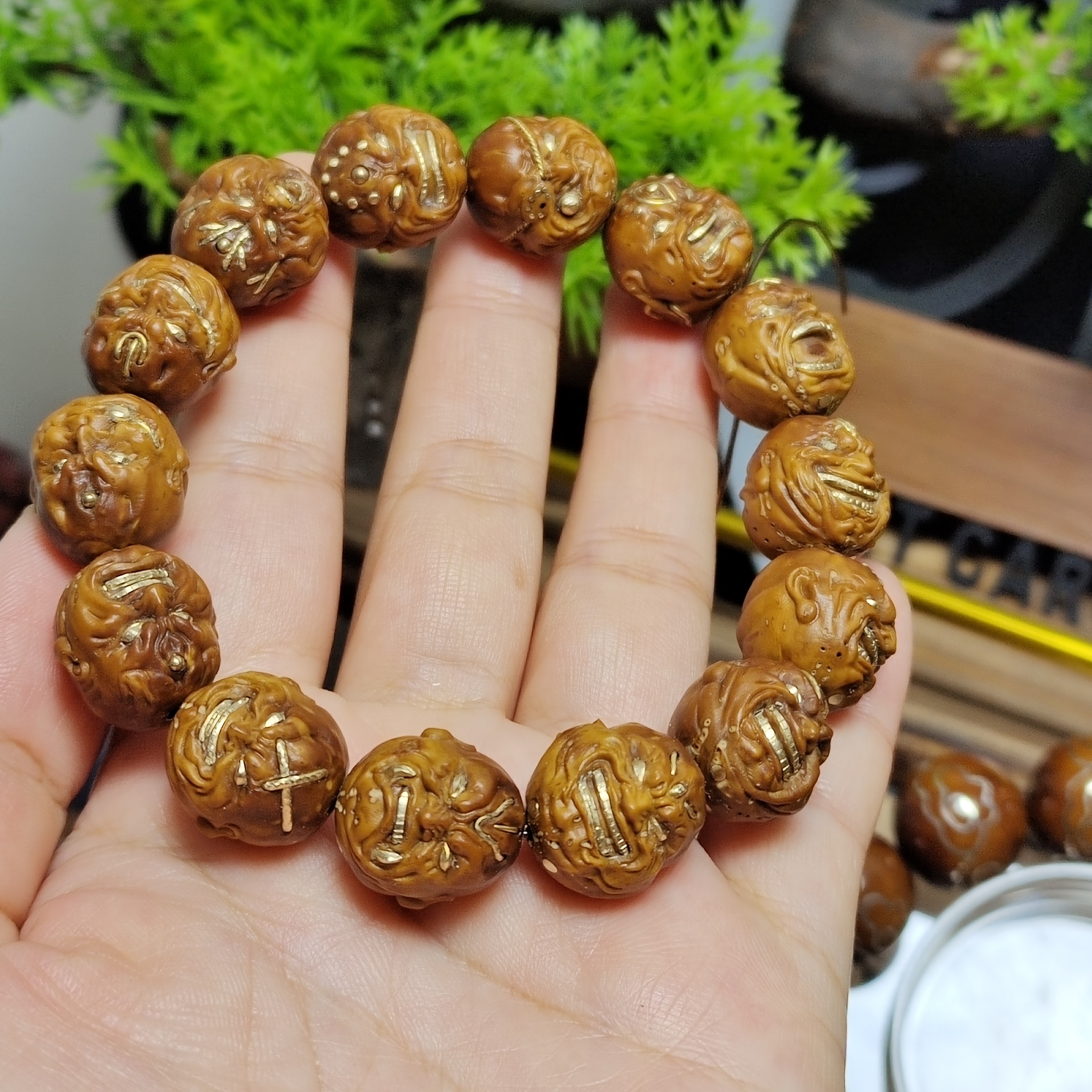 紫金鼠雕刻恶僧手串，手工镶嵌纯铜，男女同款