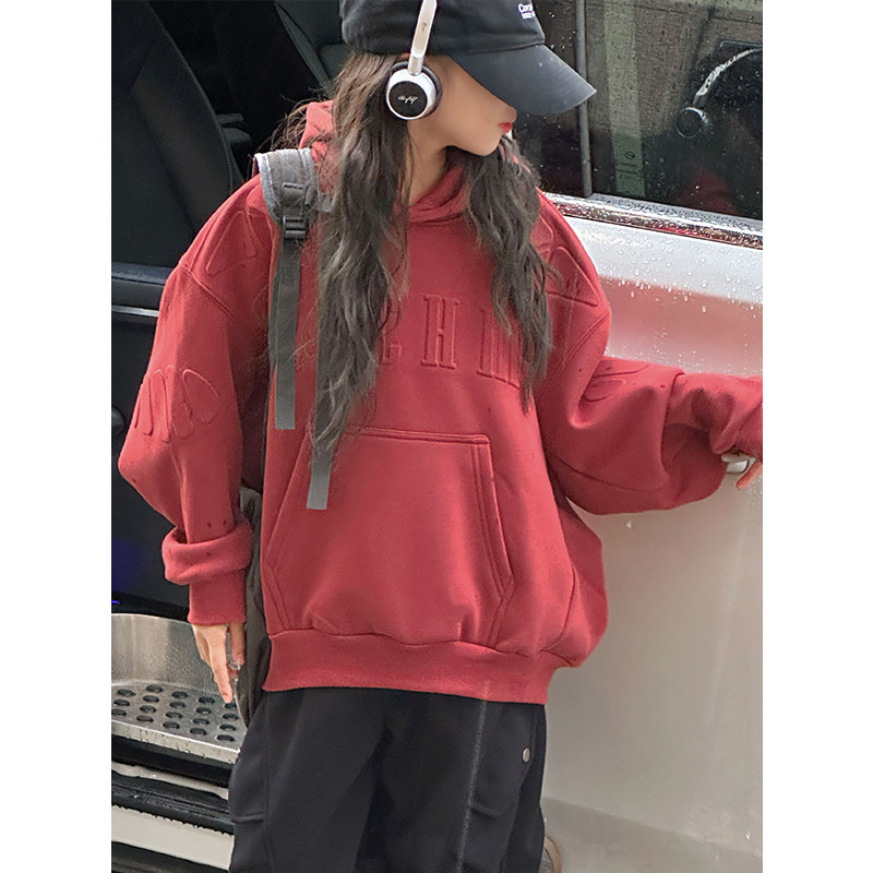 K27444红色拔印女童卫衣秋冬装加绒加厚大童儿童连帽上衣年装潮