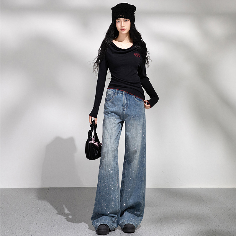 小众烫钻设计感阔腿裤复古蓝细闪钻阔腿裤简约百搭长裤过年新款