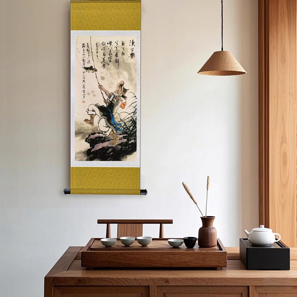 简国画装饰挂画卷轴高档锦绫已装裱