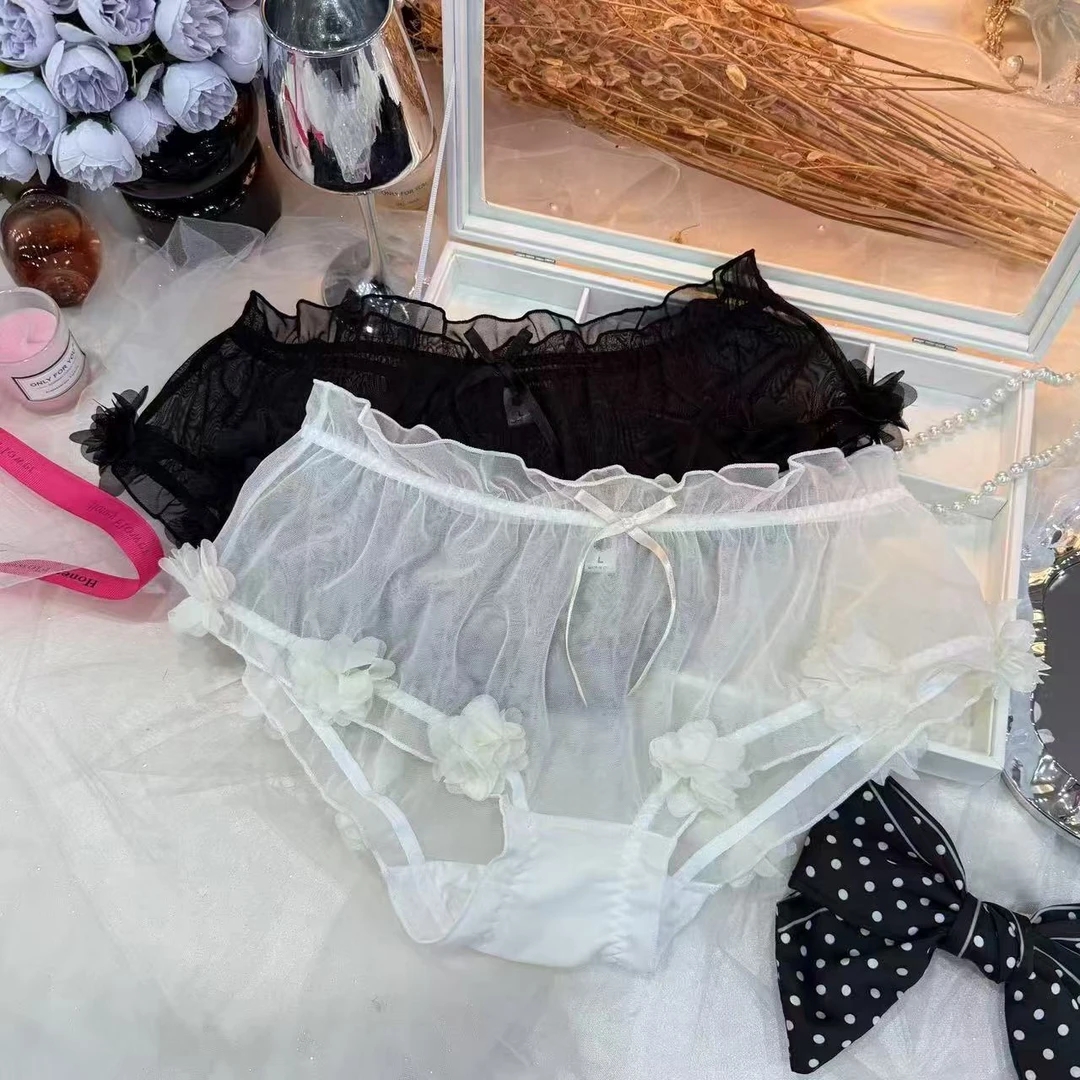 水溶花三角裤法式中腰透气女三角内裤纯色少女风中腰可爱风不起球
