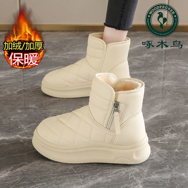 啄木鸟冬季新款厚底加绒防滑百搭高帮棉鞋休闲防水加厚保暖雪地靴商品图