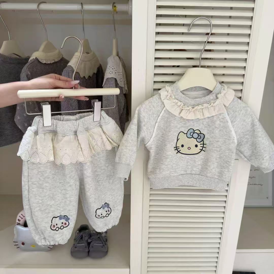 【奶芙泡泡】原创设计秋冬女童灰色卡通加绒花边保暖束腿裤两件套装