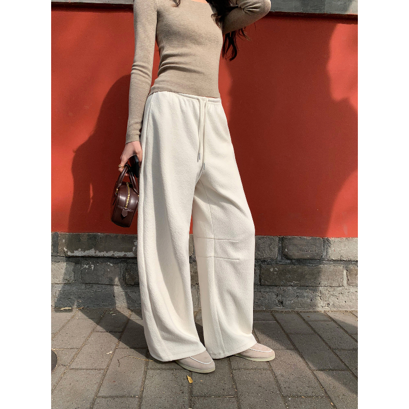 pusumede 通勤feel 高腰弯刀宽松阔腿卫裤女松紧腰直筒休闲长裤