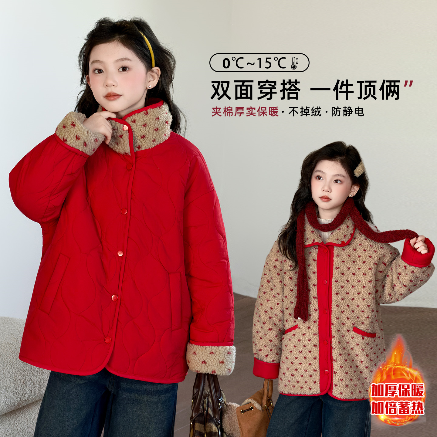 【ZS】冬季新款儿童洋气百搭双面穿外套女童加厚保暖棉衣HCE341