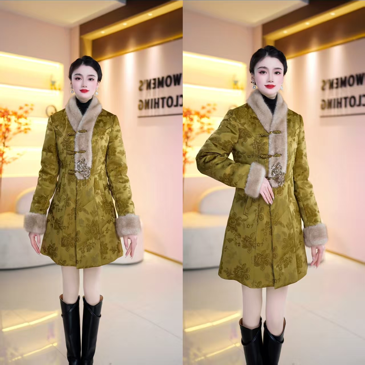 【丹思俪】白鸭绒新中式女款盘扣提花国风羽绒服女士外套5011