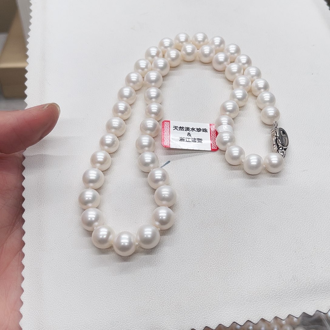 淡水珍珠项链银S925镶嵌9-10正圆C款