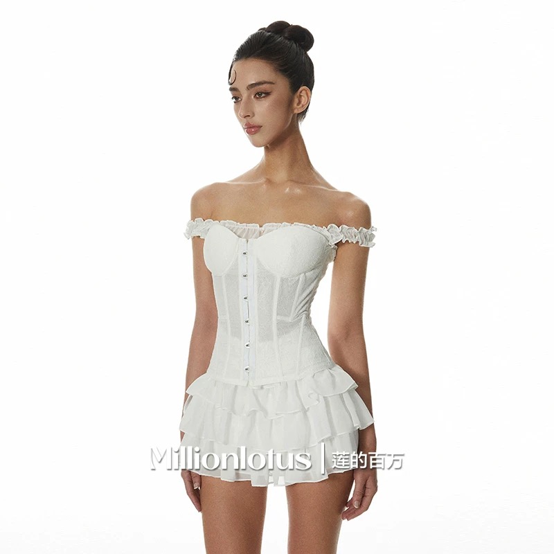莲的百万  少女的呢喃 白色可调节鱼骨束腰+胸衣薄纱蛋糕裙夏