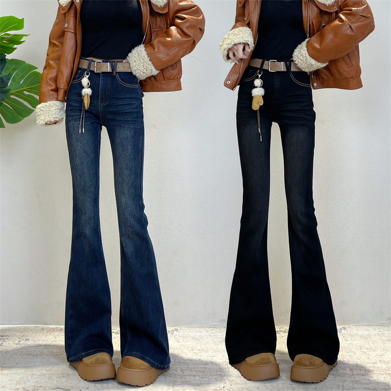 迪否高腰微喇牛仔裤冬季新款修身显瘦气质高弹力牛仔裤6385