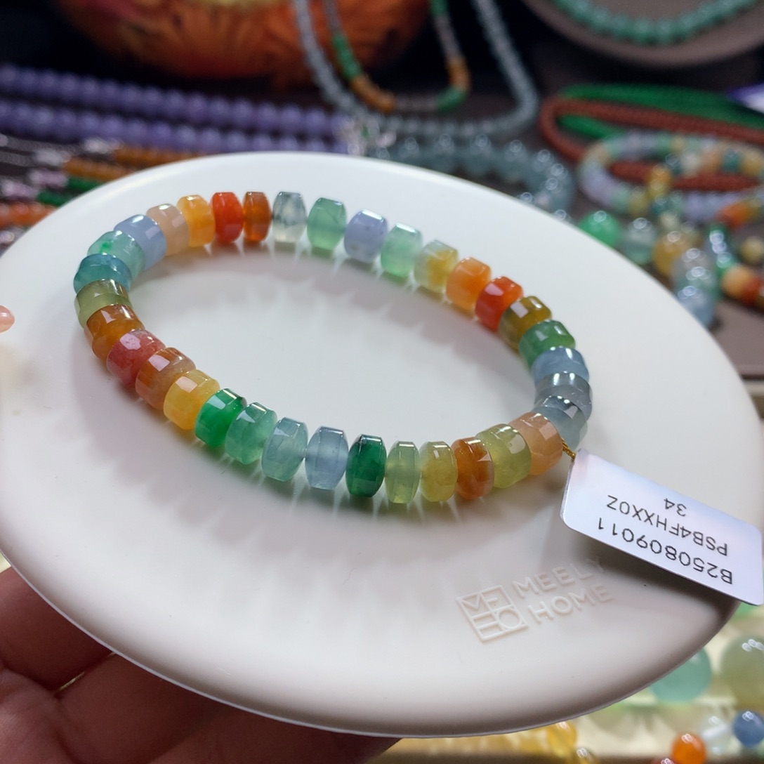 未镶嵌手链翡翠胶润浓艳彩虹桶珠卡7.5