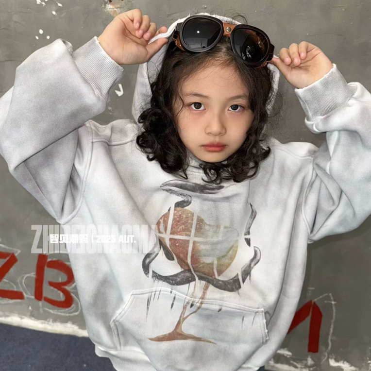 街头潮酷时尚休闲一体绒帽衫中大童