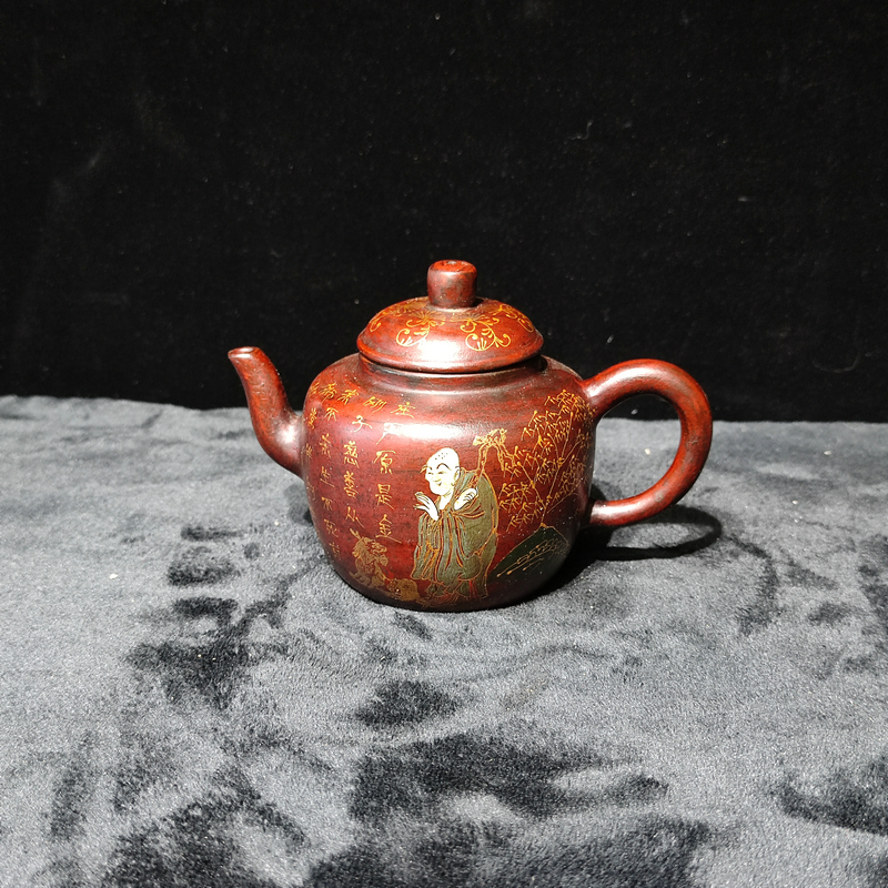 【闪购商品】清乾隆 人物加彩满绘描金伏虎罗汉紫砂壶.