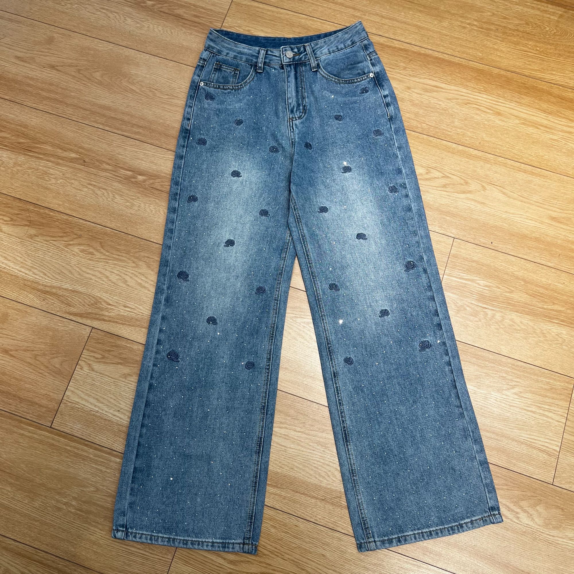 【玫瑰星球】刺绣镶钻时尚高腰百搭休闲直筒裤女