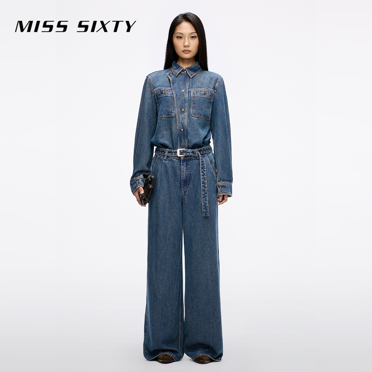 Miss Sixty2025秋季新款莱赛尔牛仔连体裤女配腰带复古工装直筒裤