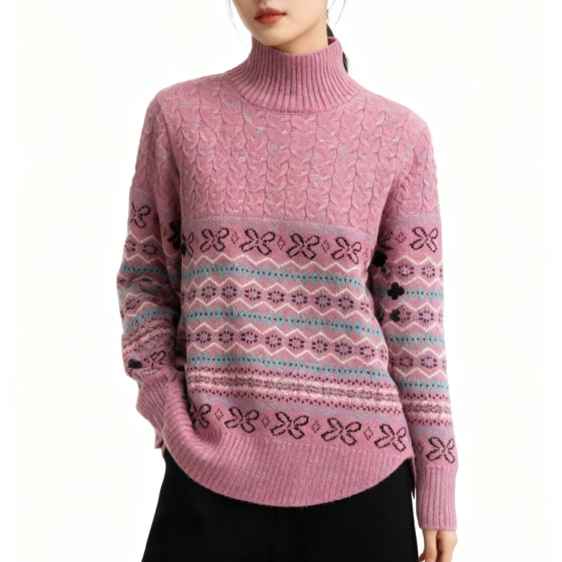 【北欧花镜-粉色】轻奢时尚减龄百搭提花显瘦针织套头衫1019