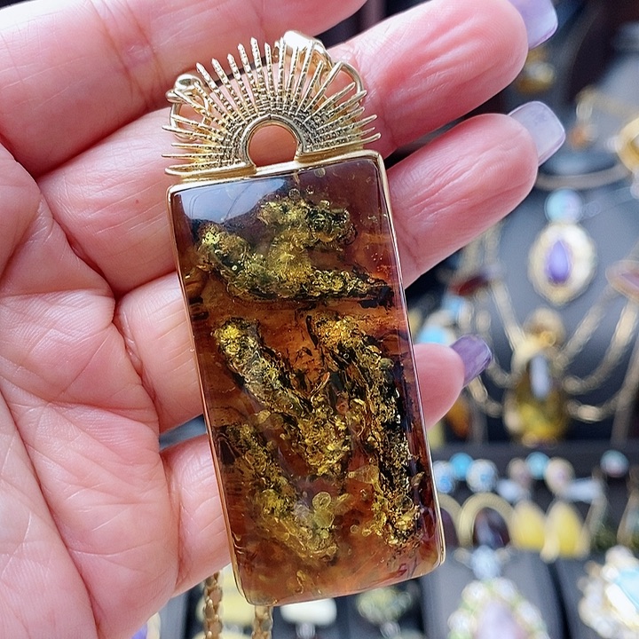 琥珀颈饰银S925镶嵌吊坠