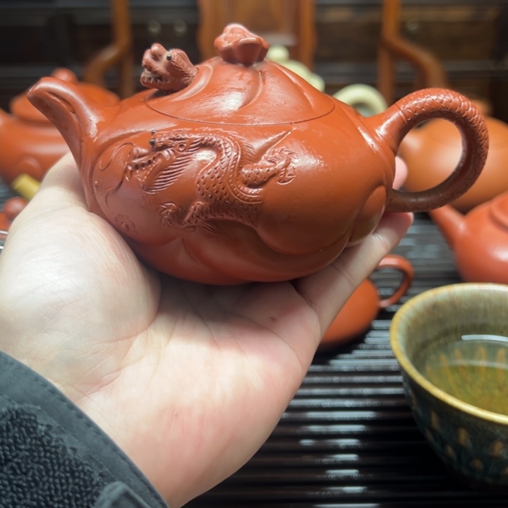 紫砂茶壶鱼化龙，朱泥220cc半手精工