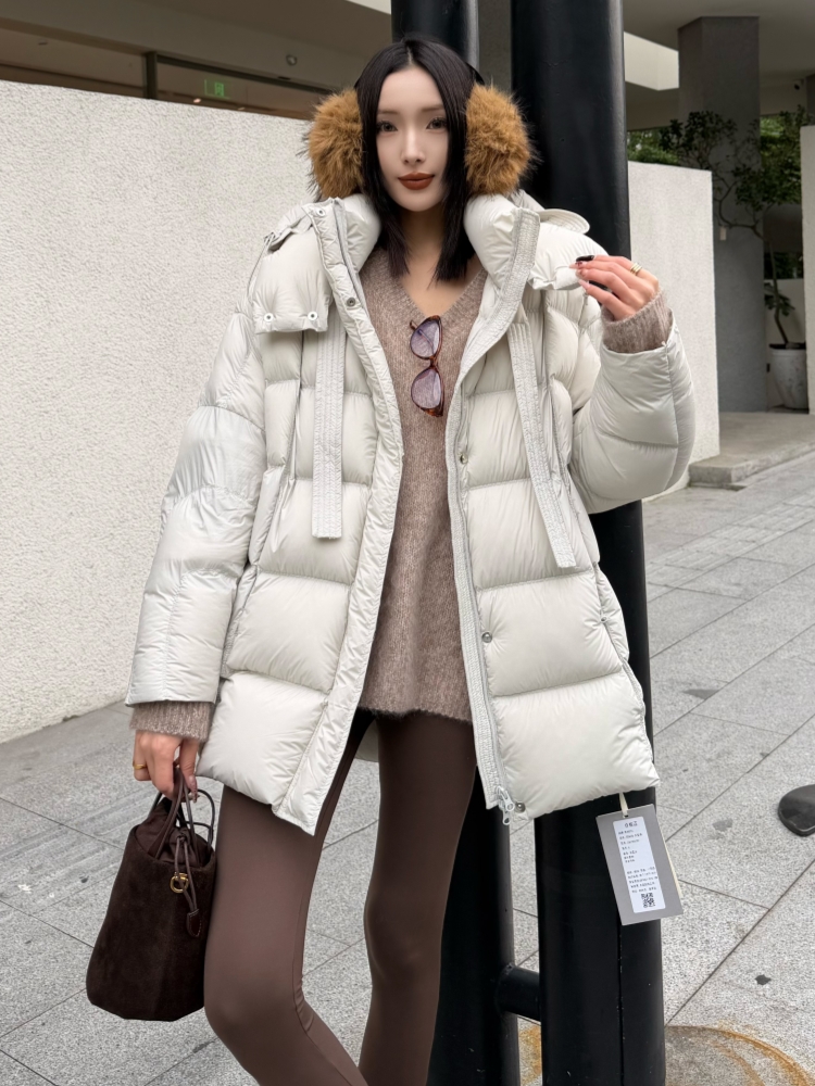 【济州岛】995757 飘带连帽中长款羽绒服