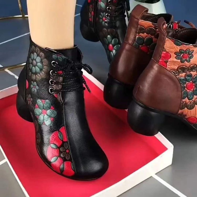 时尚新款压花真软皮短靴舒适软底中老年复古妈妈鞋棉鞋民族风秋冬