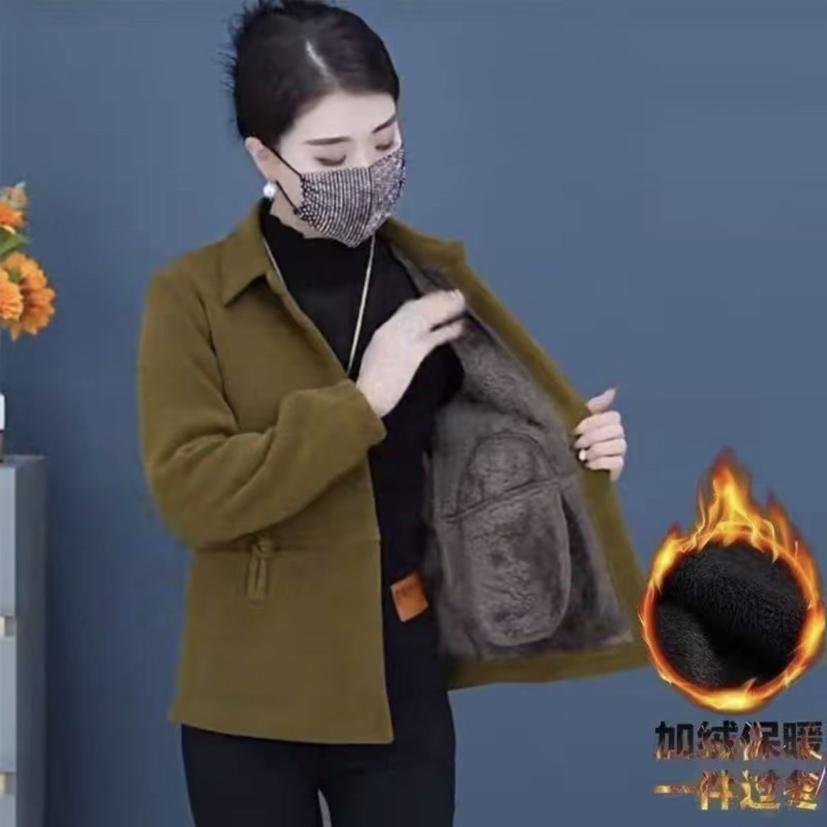 中年女性秋冬灯芯绒加绒长袖宽松开衫洋气百搭外套3021