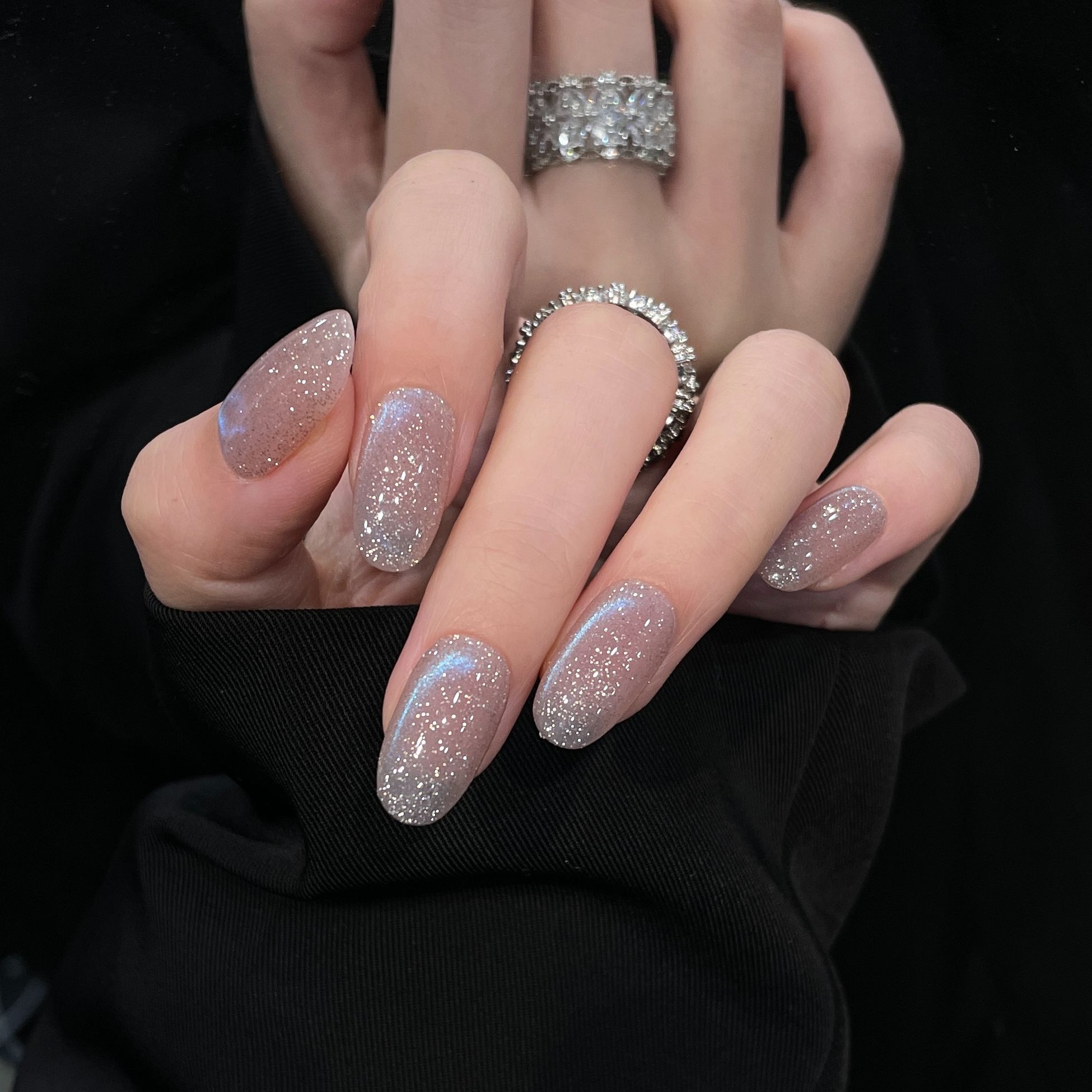 「S2236碎冰冰」水润灰裸粉碎钻蓝眼泪猫眼手工穿戴甲 18种甲型定制