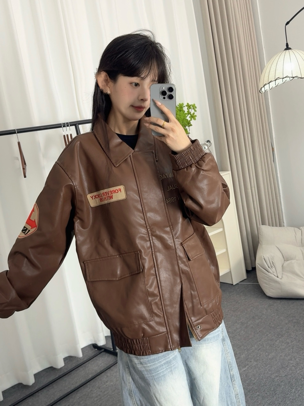MODULKASTEN棕色美式皮衣外套女秋冬加厚美拉德复古机车PU皮夹克