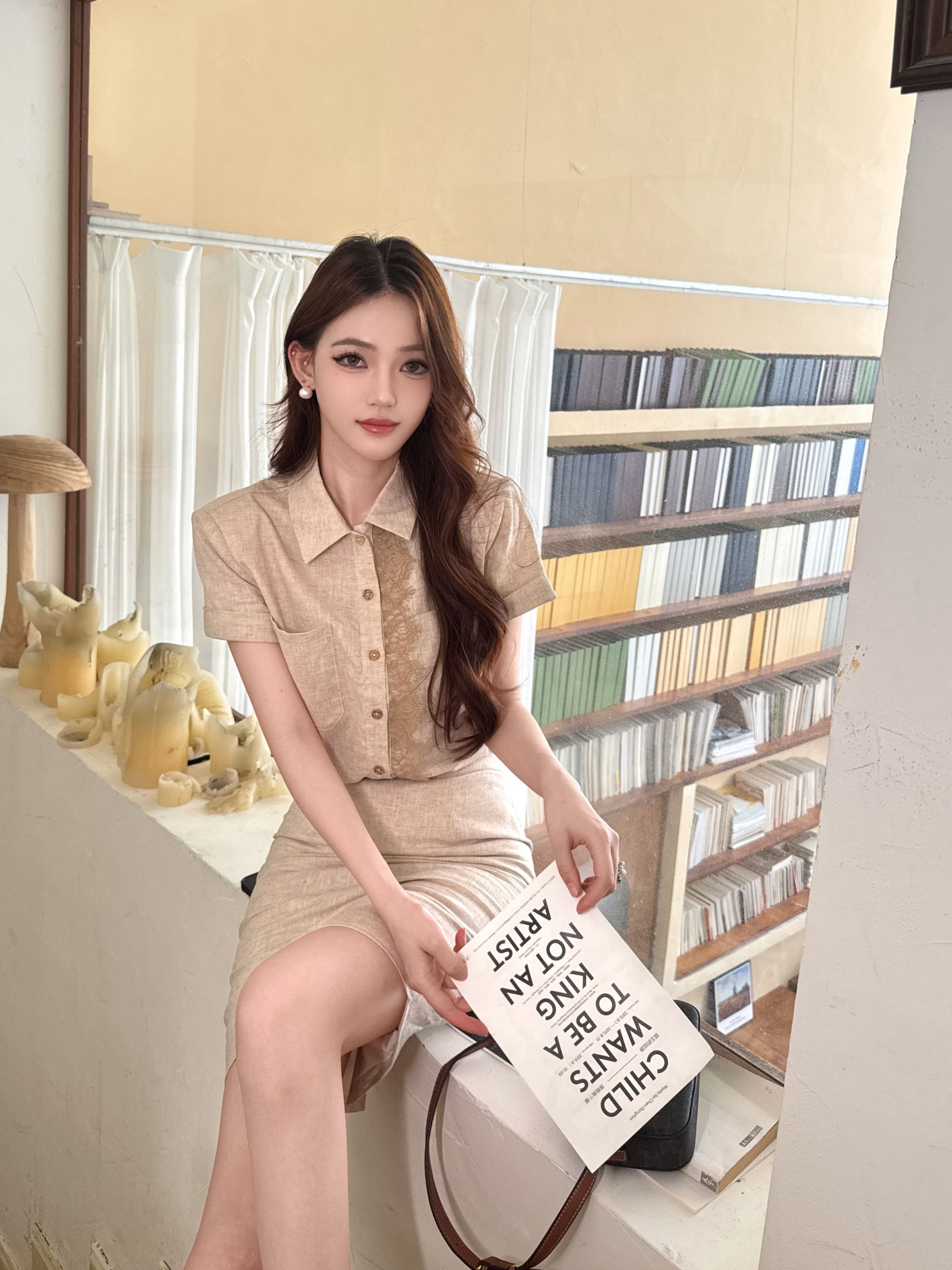 【雅颂罗裳】气质设计感收腰蕾丝拼接套装女上衣+包臀中裙TT1366