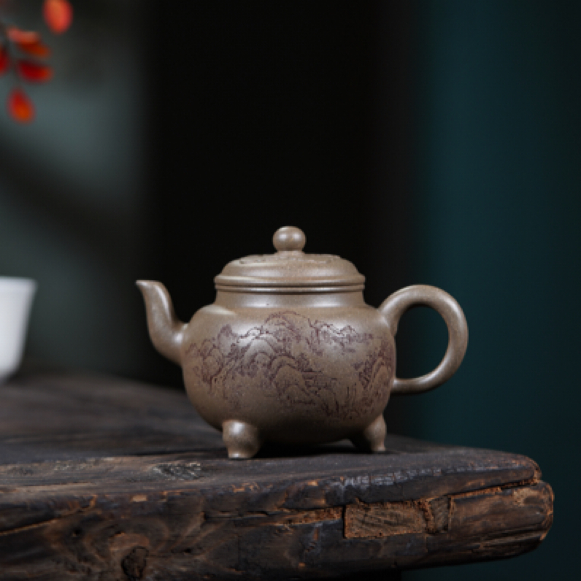 大彬如意紫砂壶蟹壳青全手工制通刻山水奚邦文