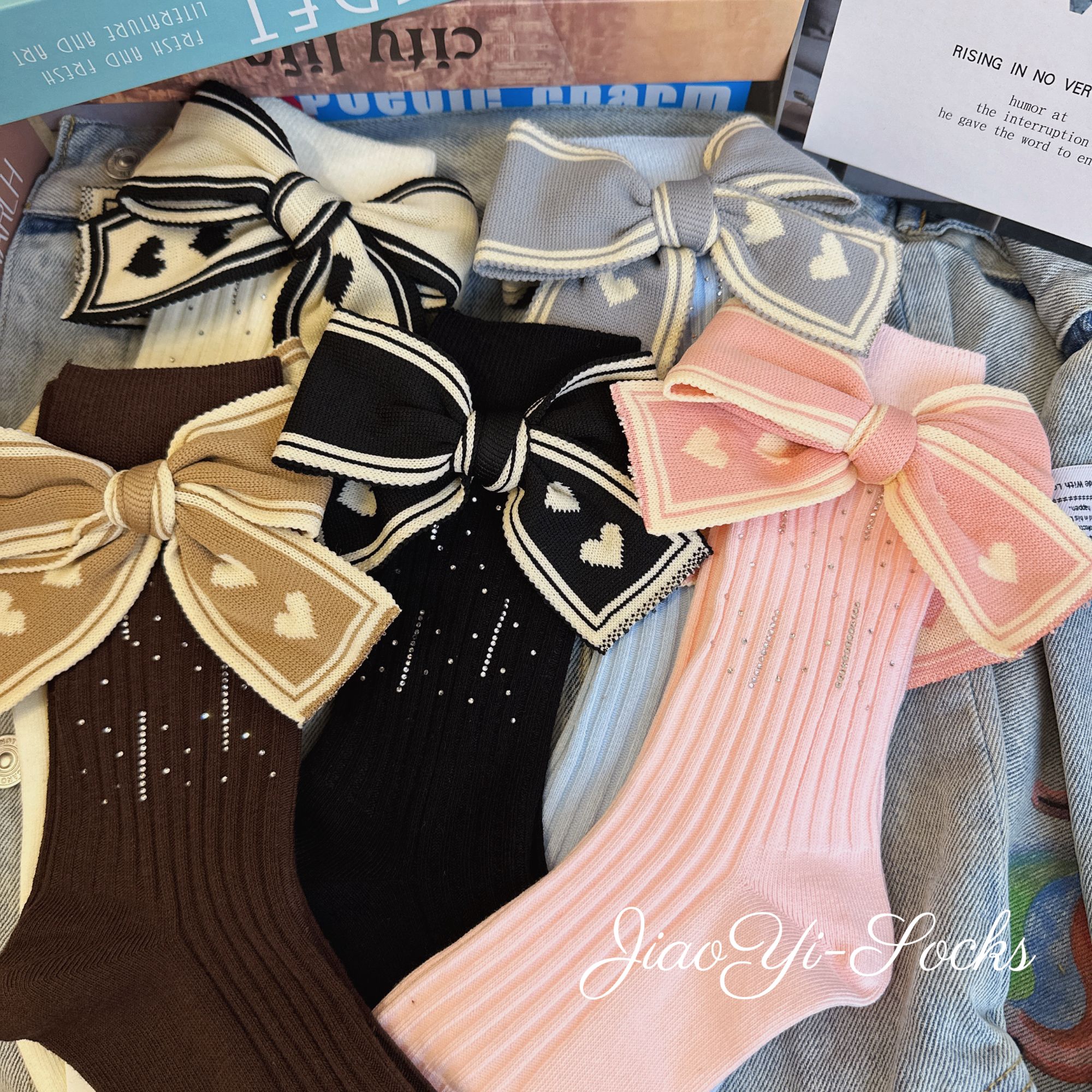 欧货轻奢水钻中筒袜子女ins蝴蝶结时尚堆堆袜百搭高筒秋冬长筒袜