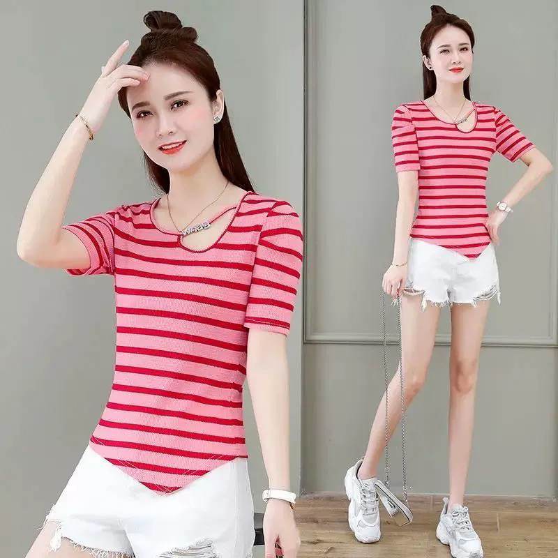 【素境】3073条纹正肩短袖T恤女新款时尚洋气修身显瘦圆领上衣潮