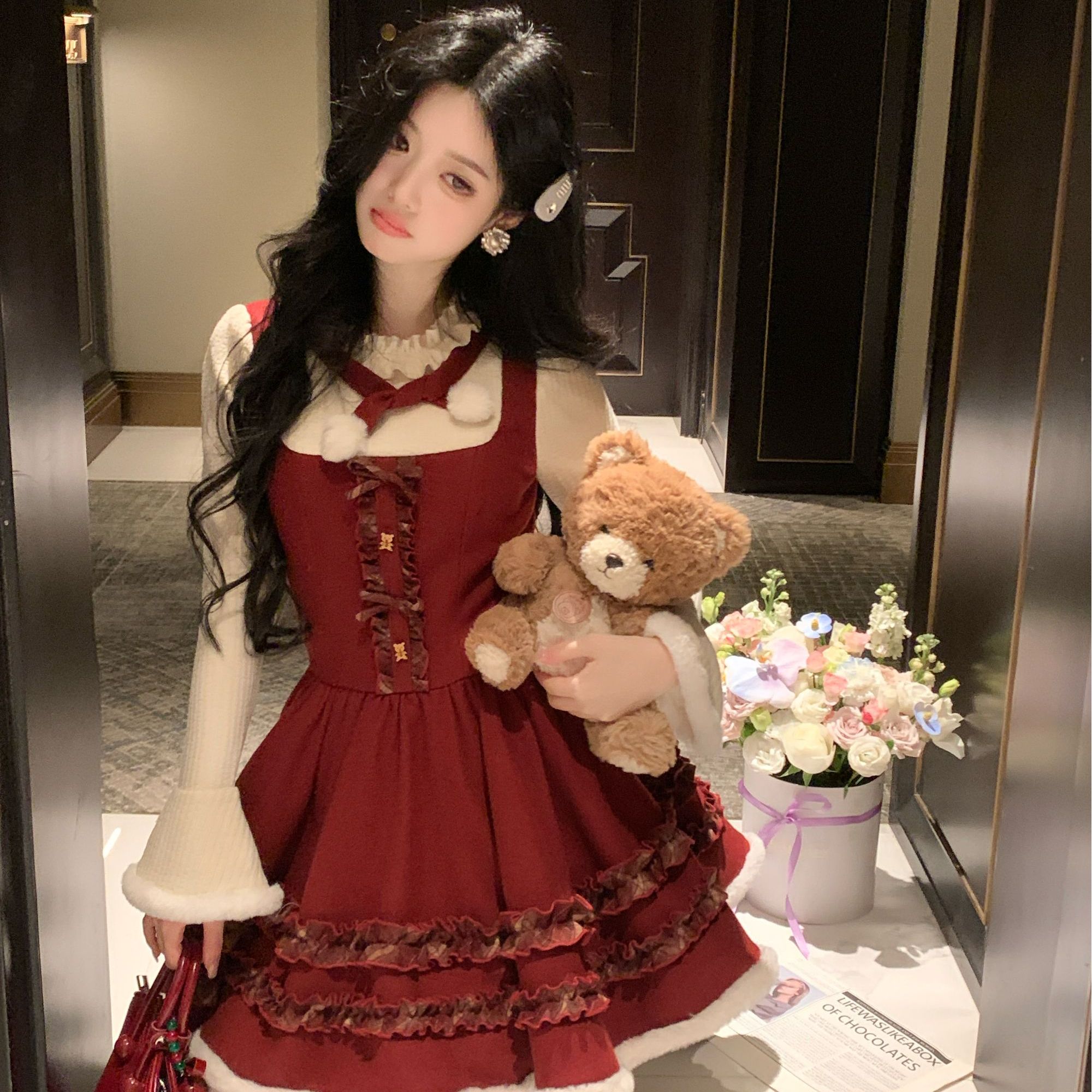 Blovelan圣诞奇妙夜氛围感连衣裙假两件毛绒蛋糕裙