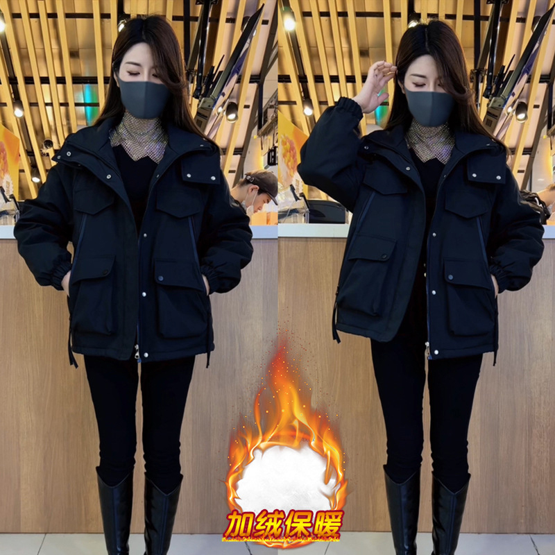 加绒加厚工装棉服女士小个子上衣冬季新款时尚休闲连帽冲锋衣外套