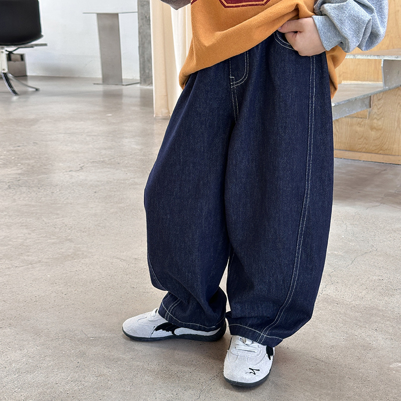 【依妈家】上新秋款儿童拼接防掉色明线牛仔裤男女童弯刀长裤25G032